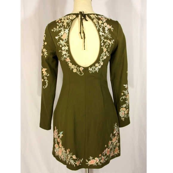 NEW Kimchi Blue Sakura Olive Green Floral Embroidered Long Sleeve Mini Dress - S - Picture 3 of 8